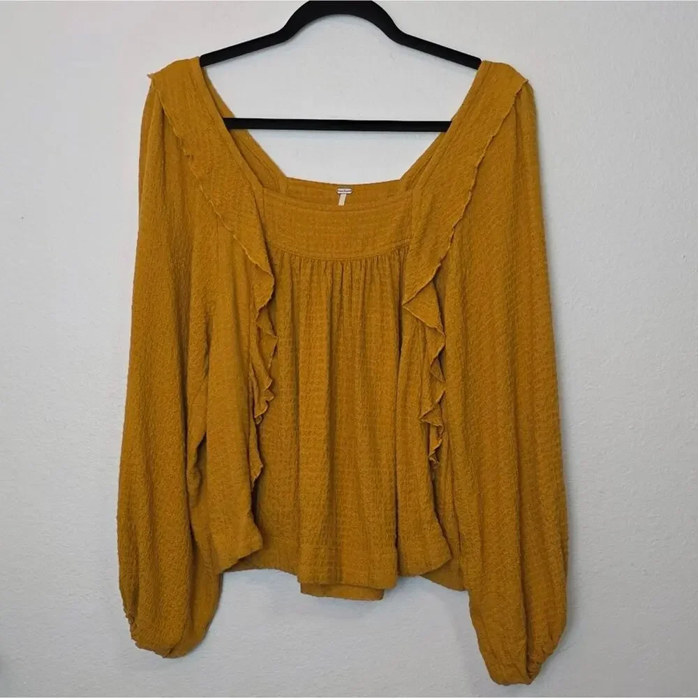 FREE PEOPLE Bonnie Ruffle Long Sleeve Peasant Top In Marigold Relaxed Fall Sz XS